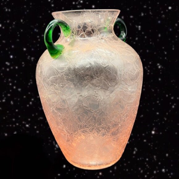 Pink Crackled Art Glass Vase with Applied Green Handles Textured Surface 8”T 3”W - Picture 12 of 13